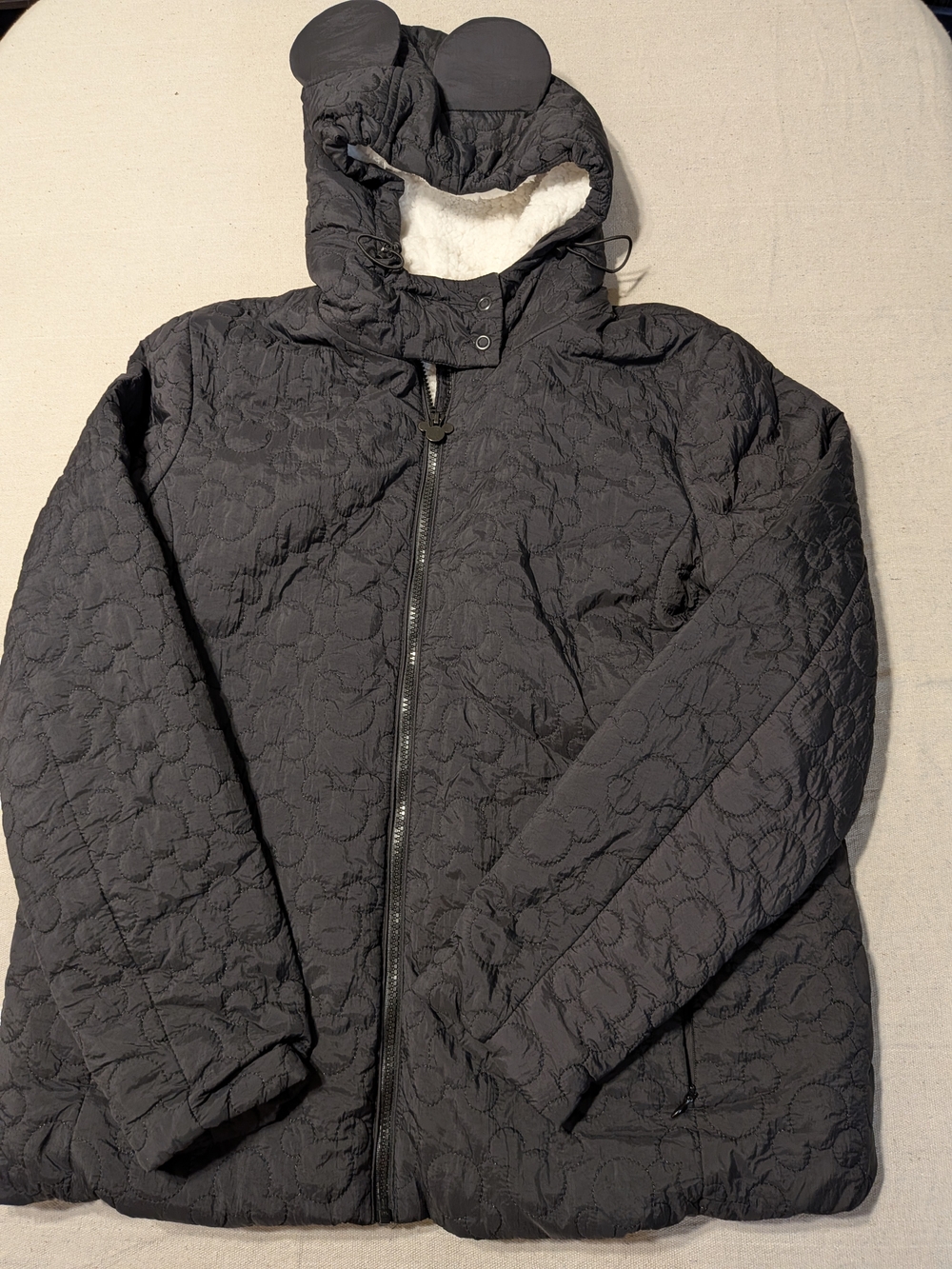 Disney Mickey Mouse Quilted Puffer Jacket Hooded Sherpa Black - Picture 3 of 11